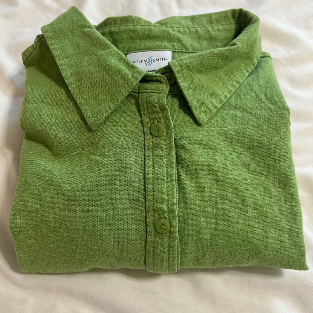 Jaclyn Smith Womens XL Green Button Front 3/4 Sleeve Blouse Linen Look Top - Picture 6 of 10